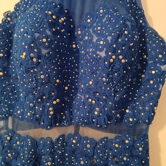 Anny Lee Blue Sequined Lace Wedding Prom Cocktail Evening Gown Dress Small - Picture 14 of 15